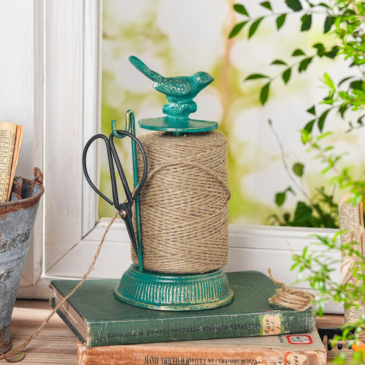 Sungmor Cast Iron Garden Twine Holder Set - 1300ft. Natural Jute Twine String & Rope Rack &