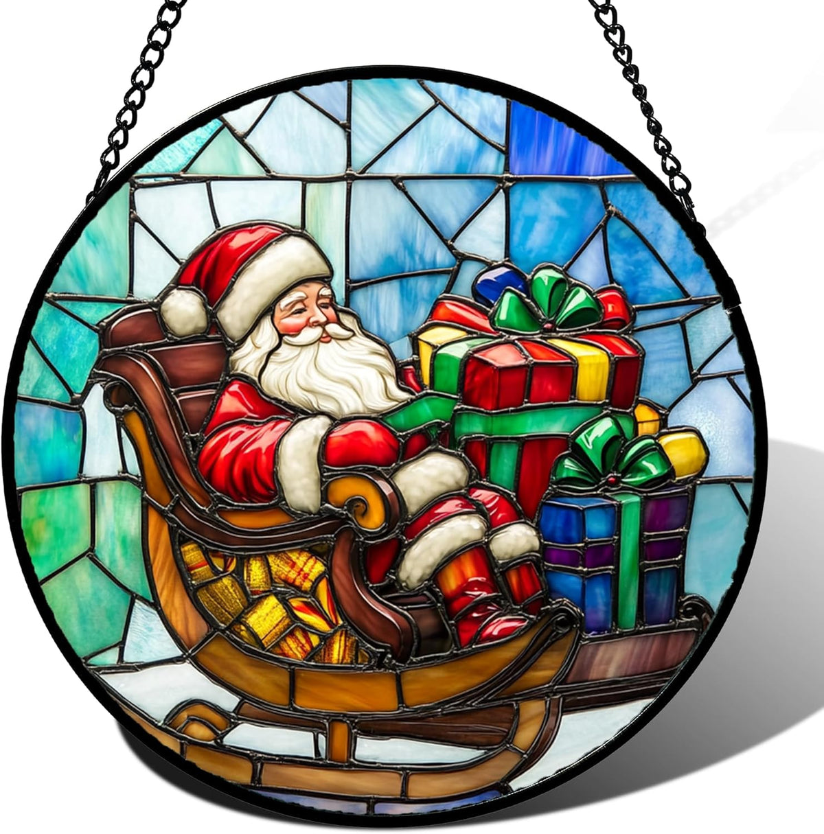 Stained Glass Window Hanging - Santa Claus Gift BoxSuncatcher for Doors Home Christmas Decoration