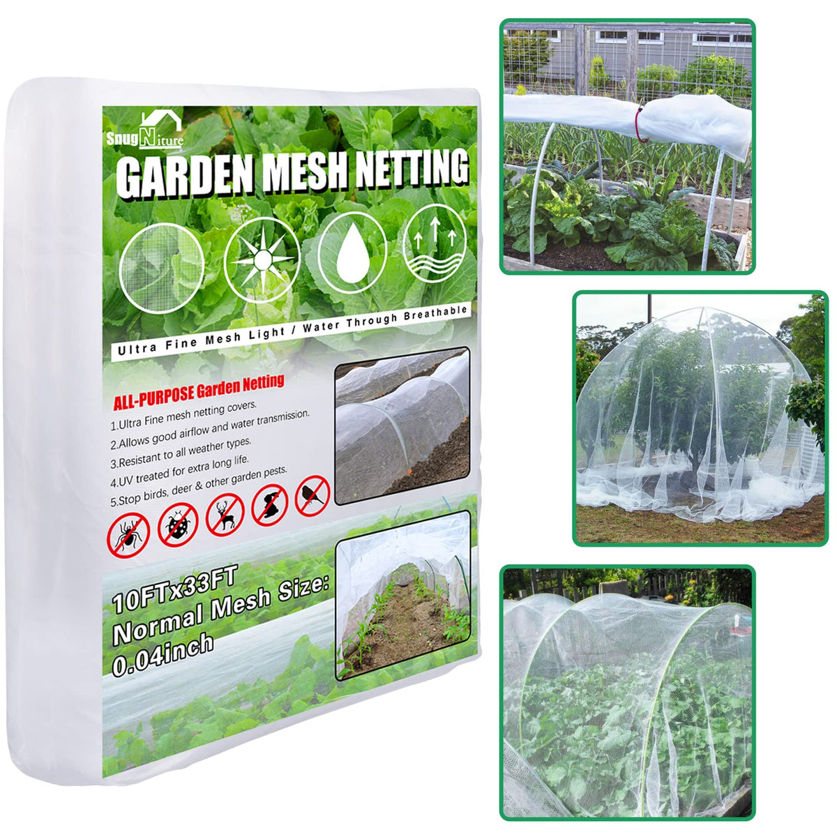 SnugNiture Garden Netting 10x33FT Ultra Fine Mesh Mosquito Netting Plant Covers, White Bird Netting