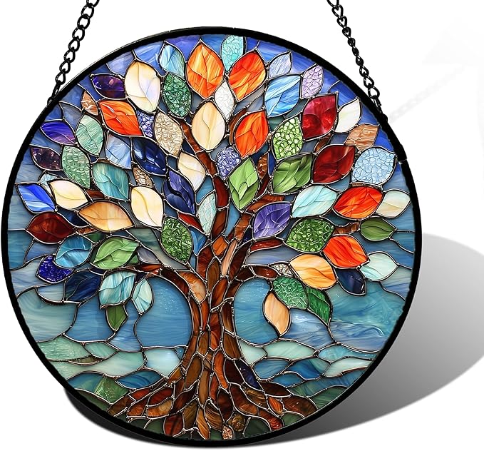 Stained Glass Window Hanging, Colorful Tree of Life Sun Catchers Glass Panel Blue Suncatcher Decor