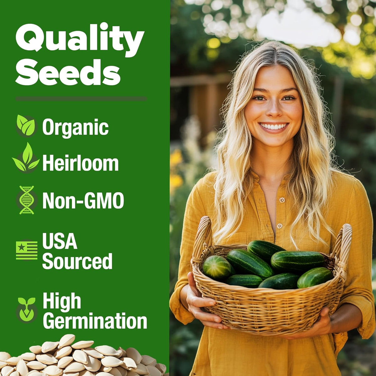 HOME GROWN 𝗨𝗦𝗔 𝗣𝗥𝗘𝗠𝗜𝗨𝗠 Organic Cucumber Seeds - 200 Marketmore Heirloom 𝗡𝗢𝗡-𝗚𝗠𝗢