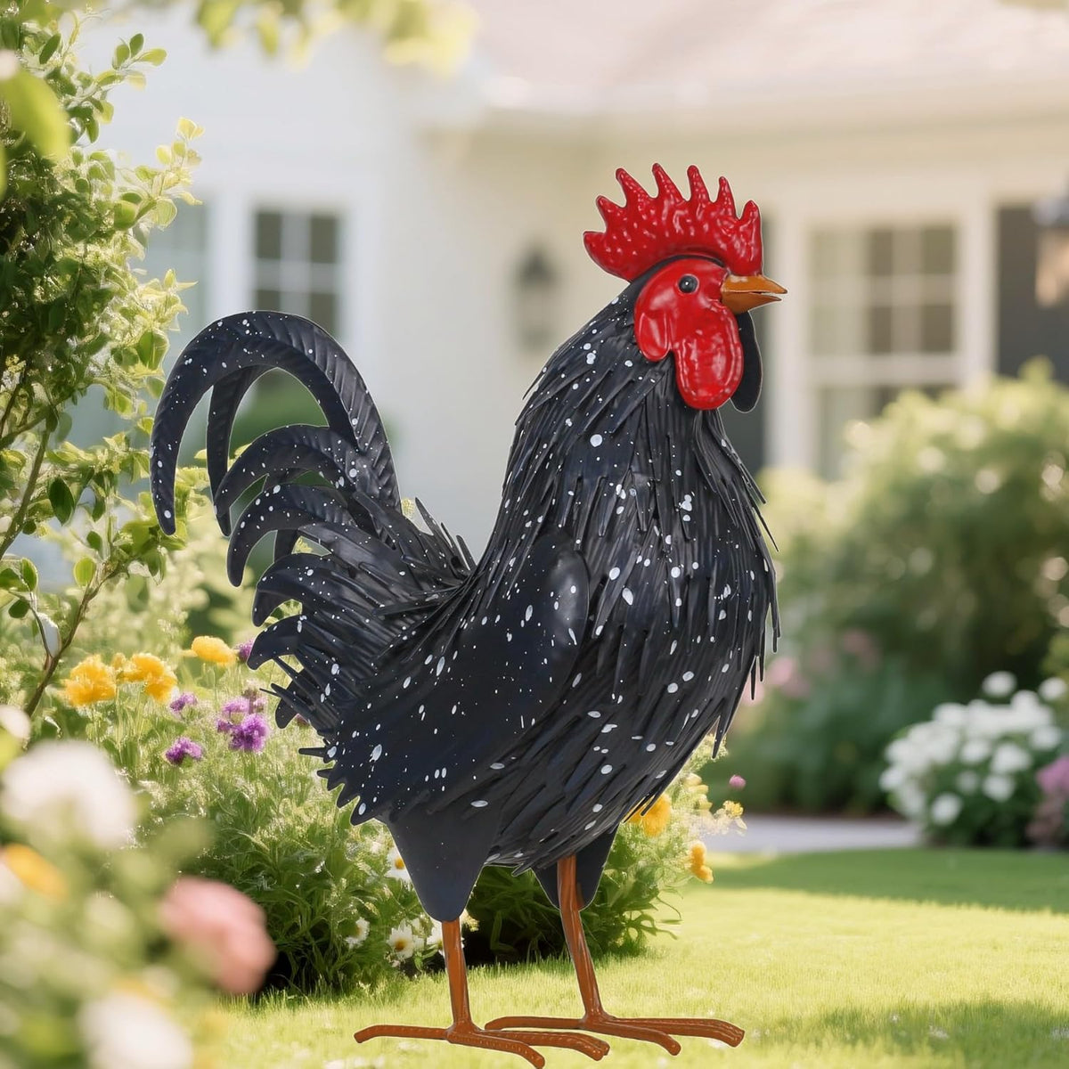 Rooster Garden Statue Sculpture Metal Chicken Yard Decor Outdoor Figurines Patio Backyard
