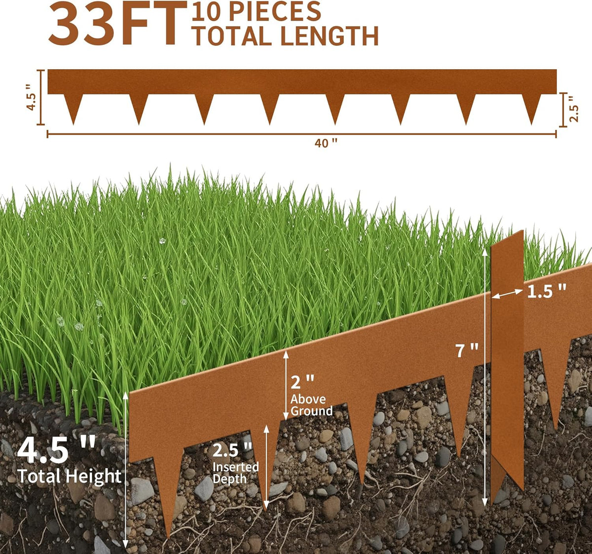 Worth Garden 33ft. Galvanized Steel Landscape Edging - 10-Pack 40" Metal Edging for Landscaping