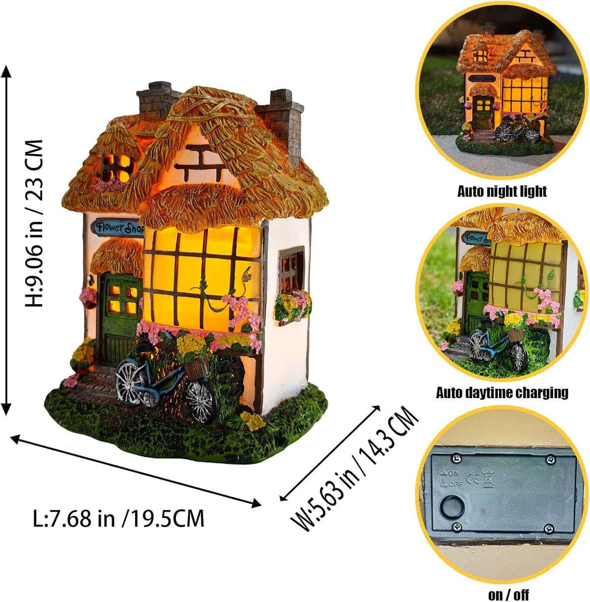 Prospect Thatched Cottage, Solar Statue Lights Mushroom Fairy House, Garden House Statues, Outdoor