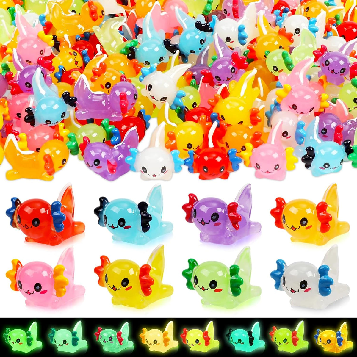 64Pcs Luminous Mini Resin Axolotl 8 Colors Glow in The Dark Small Little Resin Axolot to Hide Bulk