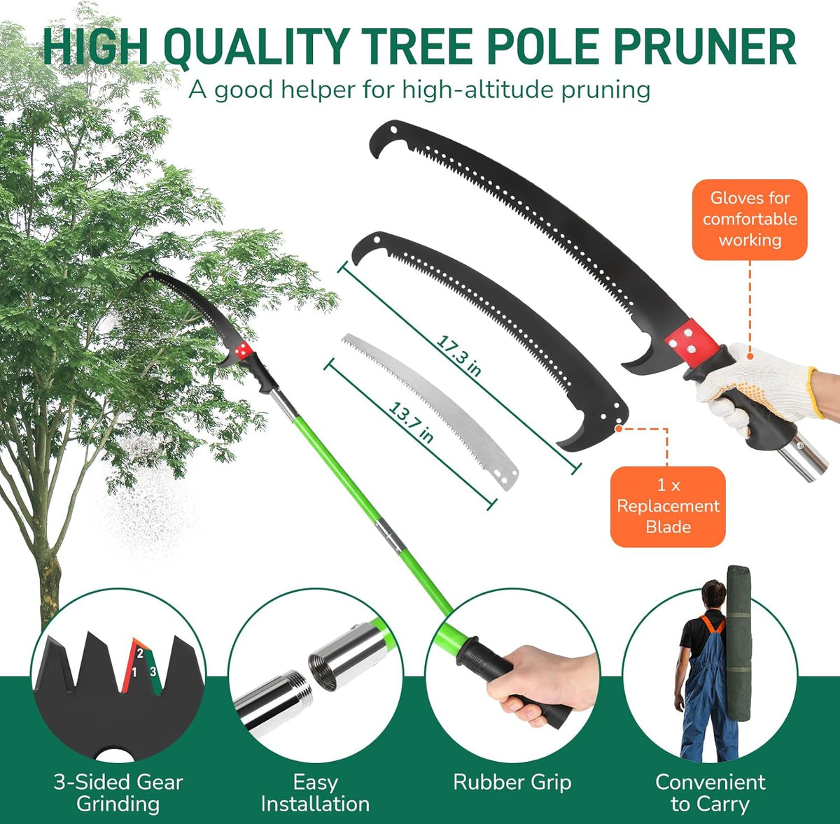 Outvita Manual Pole Saw, 30 Feet Extendable Tree Pruner with Knives and Storage Pocket, Sharp Steel