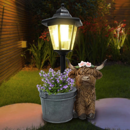 Highland Cow Statues Outdoor Solar Sculptures with Solar Lights and Flowerpot Funny Garden Decor