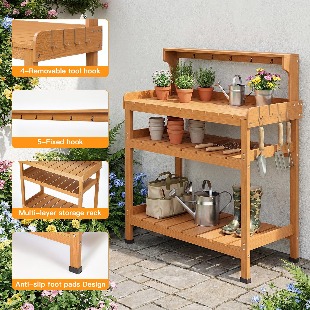 Frogprin Potting Bench Table, Extra-Large Outdoor Garden Potting Bench (HDPS) with 9 Hooks