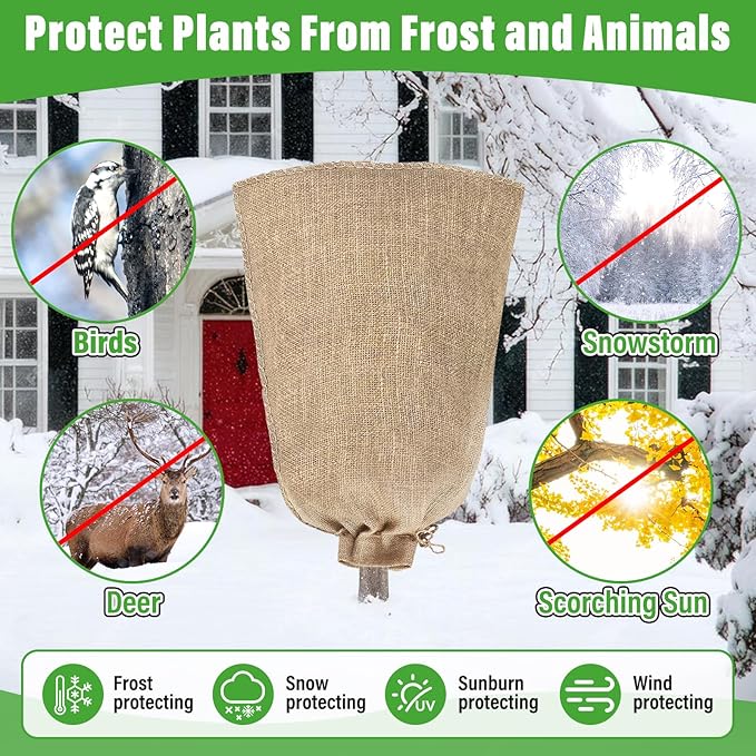 Riare 4 Packs 24 × 40 Inch Burlap Winter Plant Cover Bags with Drawstring- Reusable Large Burlap