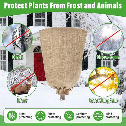 Riare 4 Packs 24 × 40 Inch Burlap Winter Plant Cover Bags with Drawstring- Reusable Large Burlap