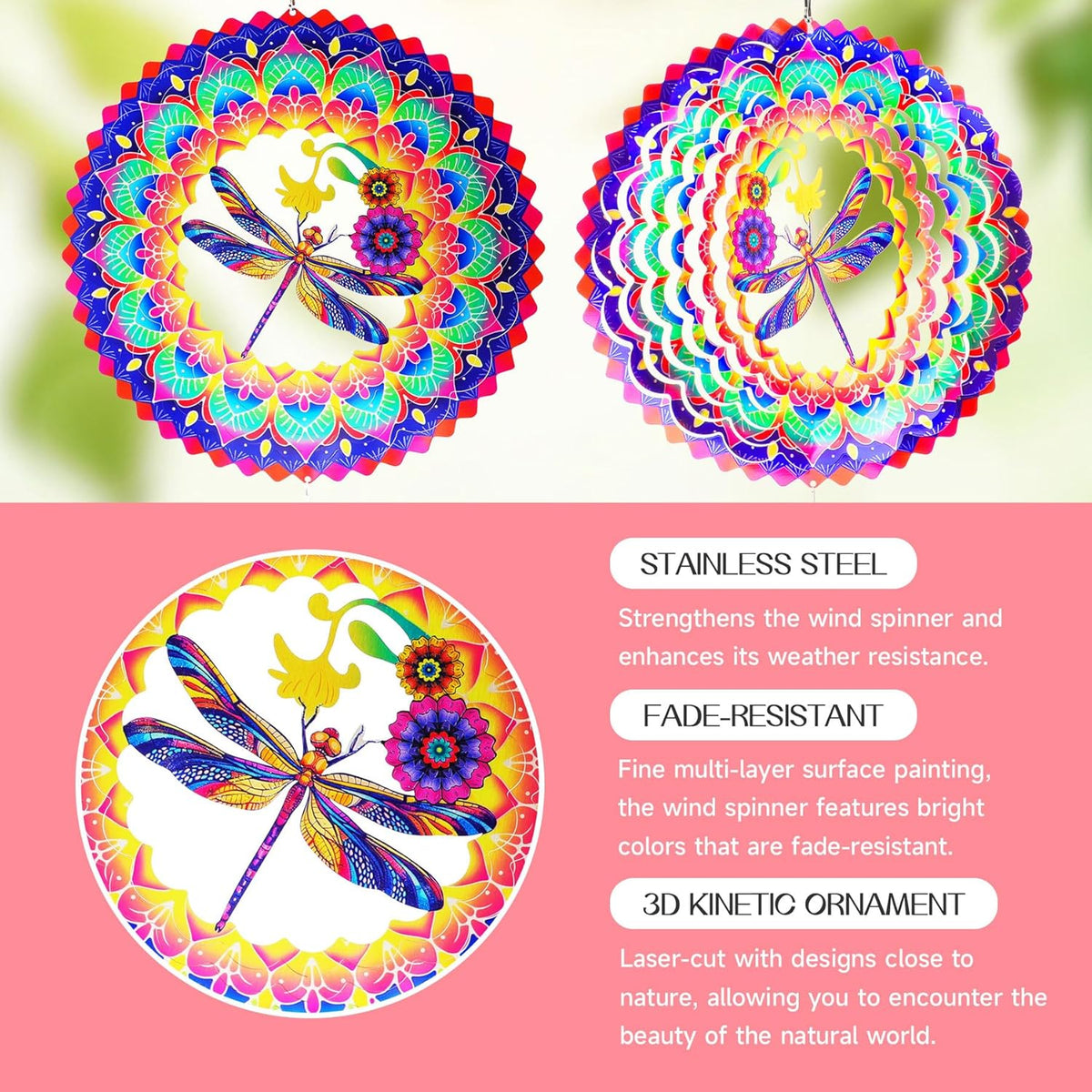 Dragonfly Mandala Wind Spinners Garden Yard Decor Gift for Women Men, 12 Inch Outdoor Metal 3D Wind