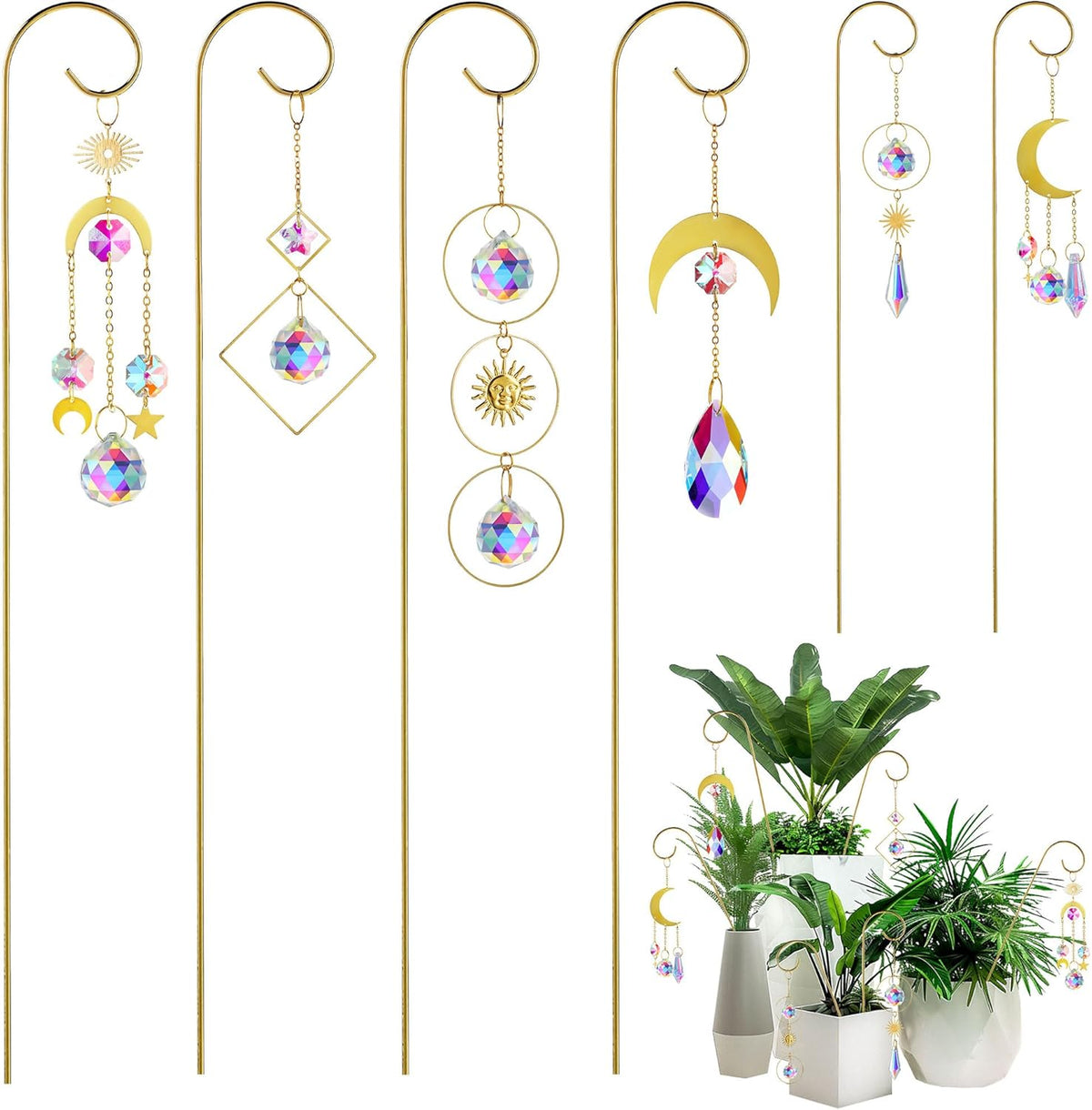 HDCRYSTALGIFTS 6 Pack Small Trellis for Potted Plants Indoor with Colorful Crystal Sun Catcher