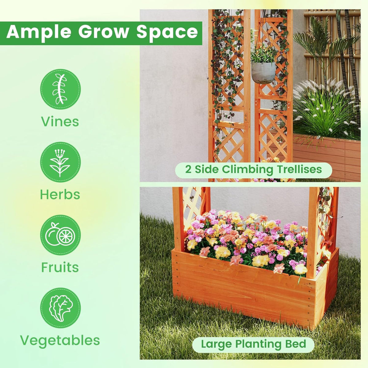 S AFSTAR Raised Garden Bed with Trellis, Wood Planter Box with Hanging Roof & Drainage Holes for