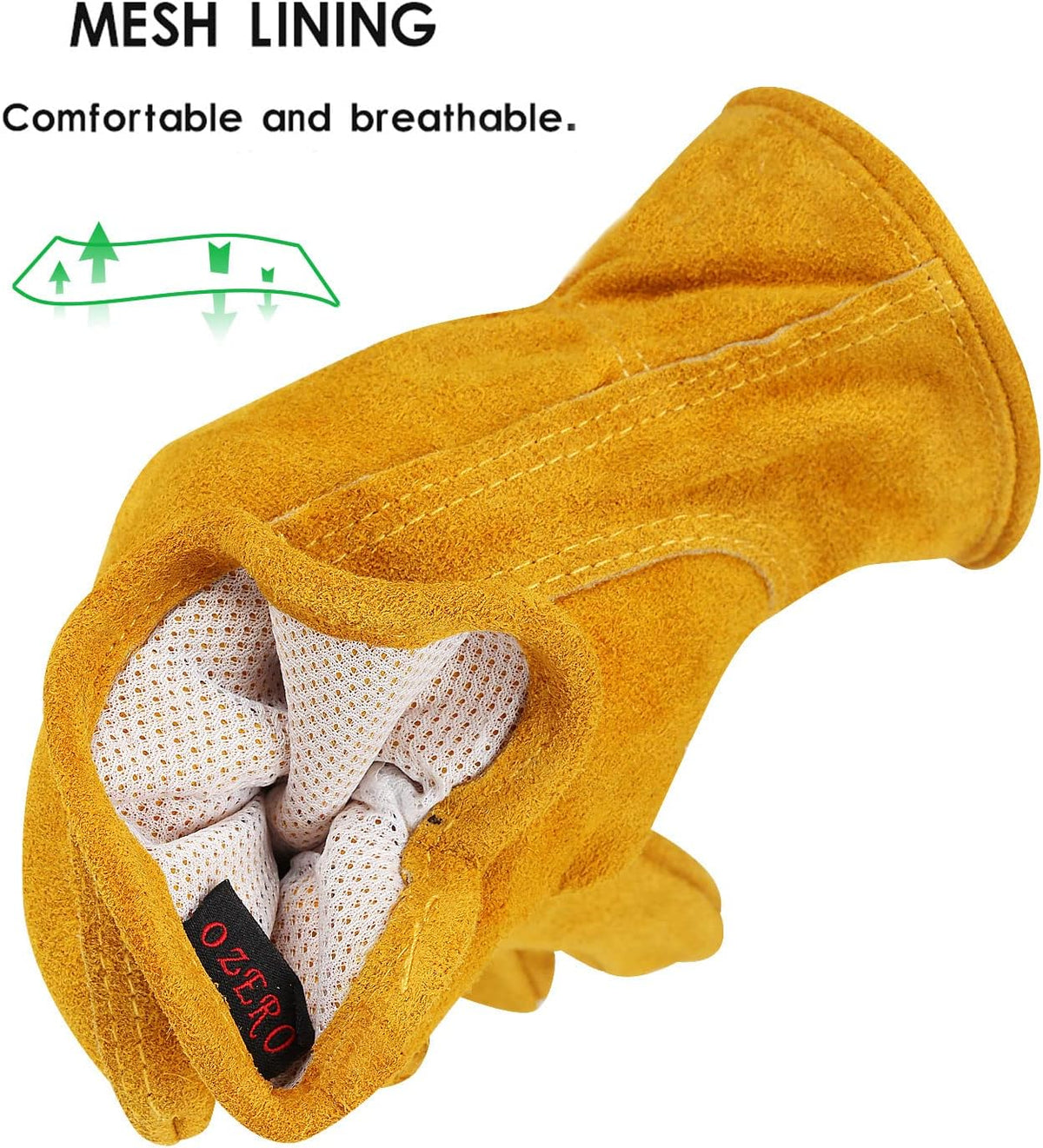 OZERO Leather Work Gloves Flex Grip Tough Cowhide Gardening Glove for Men and Women (Medium, Gold