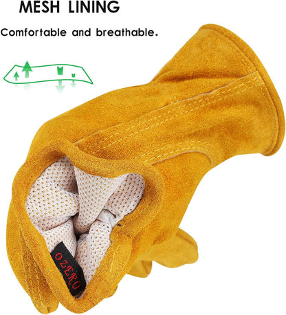 OZERO Leather Work Gloves Flex Grip Tough Cowhide Gardening Glove for Men and Women (Medium, Gold