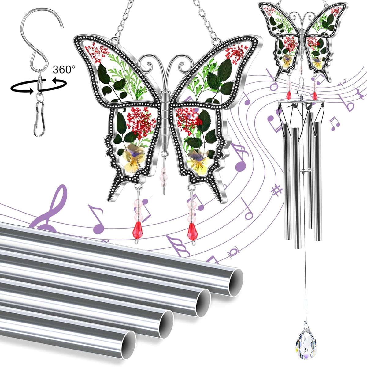 Butterflies Wind Chimes Glass Metal Real Flower and Multicolor 4 Tube Aluminum Windchime with S