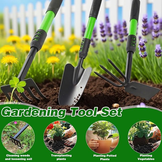 Garden Tool Set, 3Pack Gardening Tools, Stainless Steel Heavy Duty Hand Cultivator, Hoes, Shovel