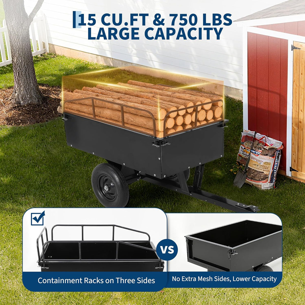 Heavy Duty ATV Dump Cart, 750 lbs Tow Behind Garden Utility Trailer with Removable Sides, Pull