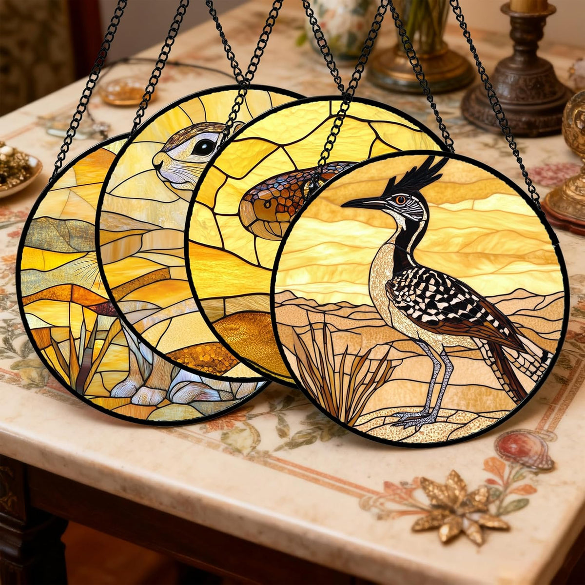 Stained Glass Window Hanging 4 Pcs Set Animals 9.8" - Desert Landscape Yellow Suncatcher Door