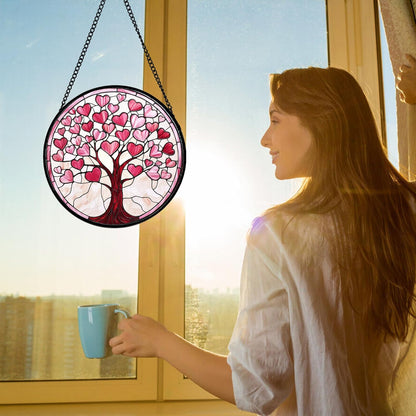 Stained Glass Window Hanging, Valentine's Day Gifts Pink Love Heart Tree Suncatcher Hangings Beige