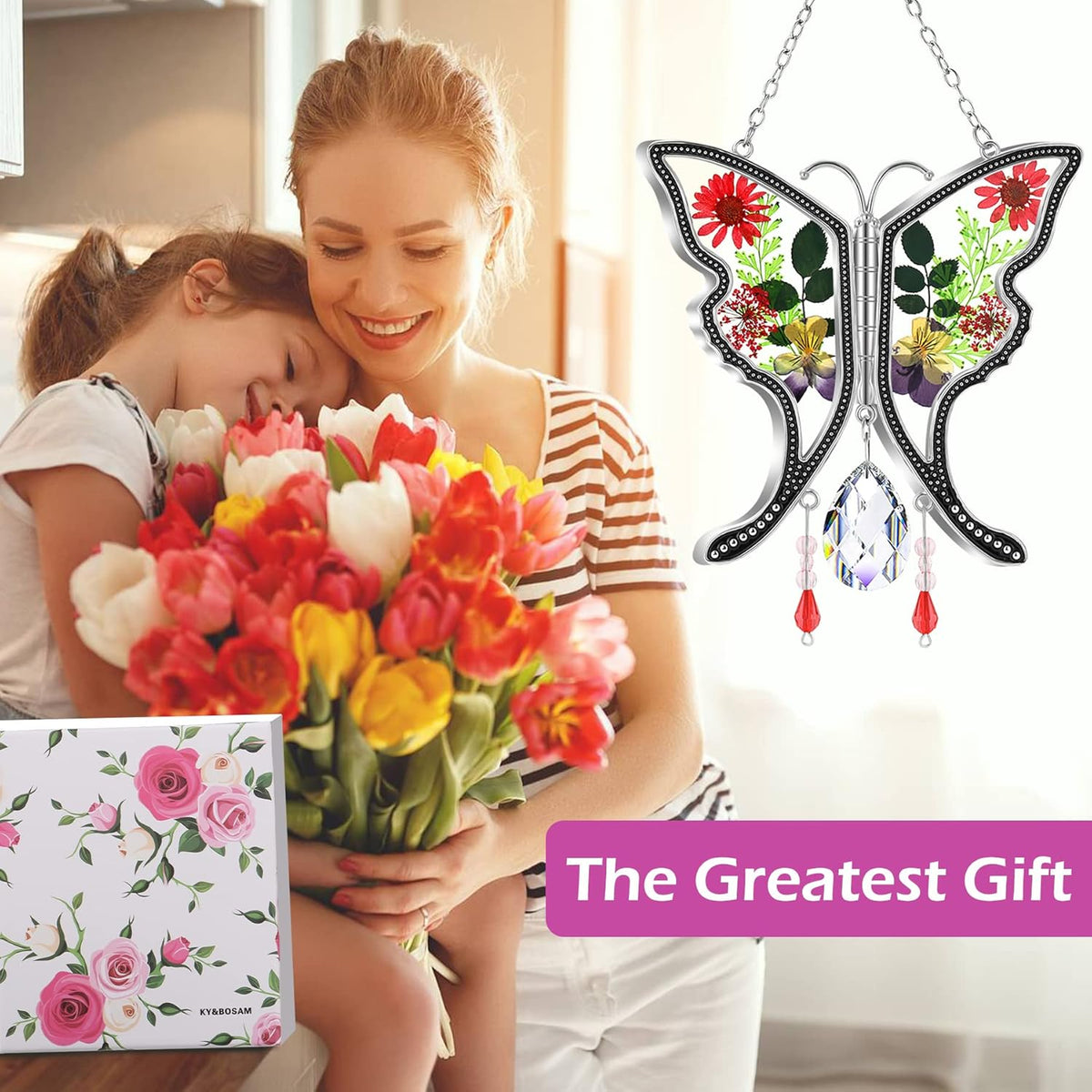 KY&BOSAM Butterfly Suncatcher Gifts for Mom Stained Glass Butterfly for Windows Hangings Wind Chime