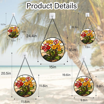 Stained Glass Window Hanging, Yellow Red Flowers Sun Catcher for Window Door Home Decor Green Plant