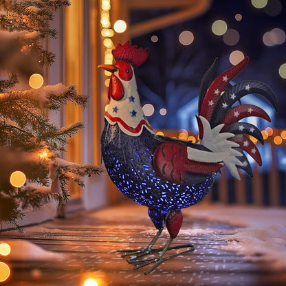 LIFFY Metal Rooster Yard Decor,18" Solar Powered Chicken Sculpture with Patriotic Flag