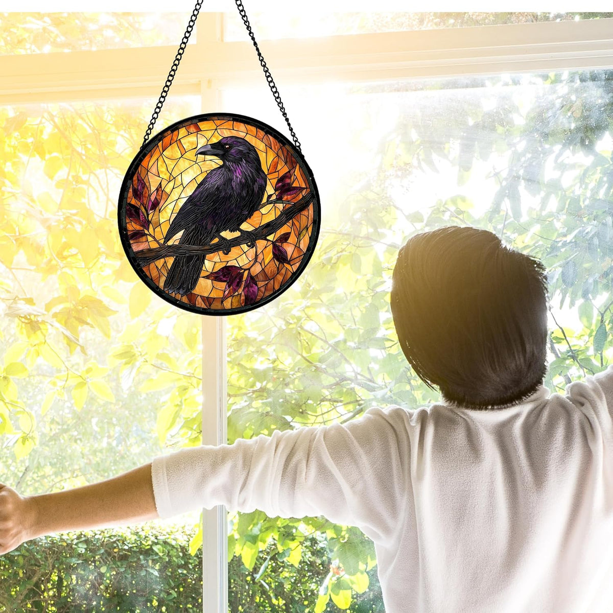 Stained Glass Window Hanging - Crow on a Branch Suncatcher Ready to Hang Window Doors Home