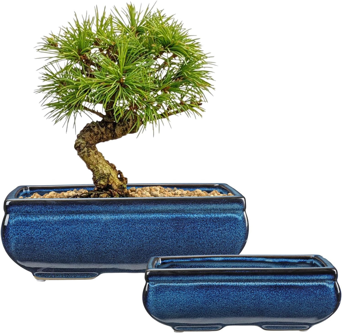 Set of 2 Blue Glazed Ceramic Bonsai Pots, 9.8" & 7.4" Rectangular Bonsai Pots Planters with