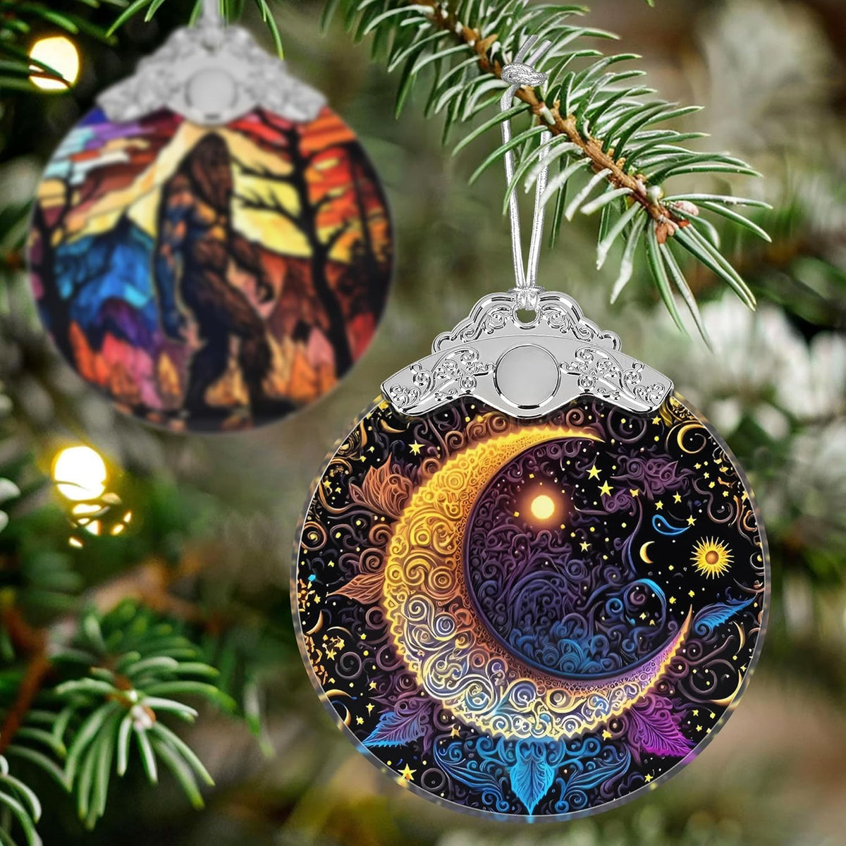 Stained Glass Ornaments - Sun and Moon Christmas Ornaments - Christmas Decorations for Tree