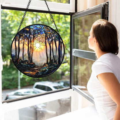 Stained Glass Window Hanging, Forest Sunrise Smoke Blue Brown Tree Suncatcher for Doors Window Home