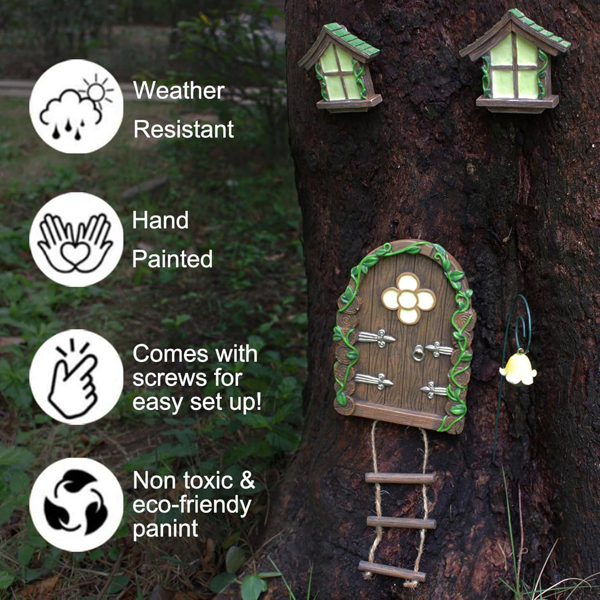 Fairy Door and Windows Garden Kit Accessories Outdoor, Glow in Dark Gnome House for Tree, Lawn Yard