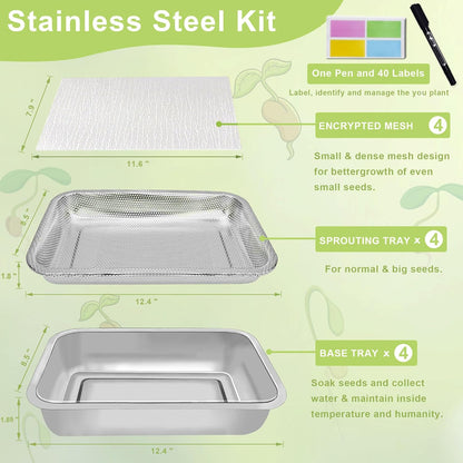 Stainless Steel Sprouts Growing Kit 4-Tier 12.4 inch Trays, Microgreens Growing Kit, Seed Sprouting