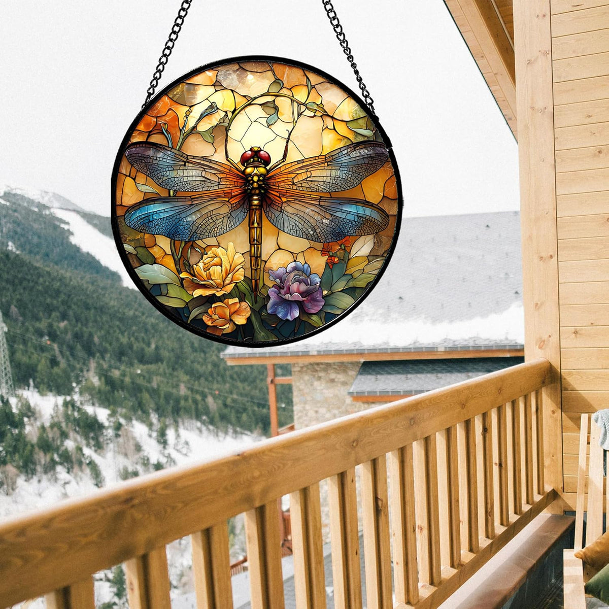 Stained Glass Window Hanging - Orange Blue Dragonfly Flower Suncatcher for Doors Window Home Sun