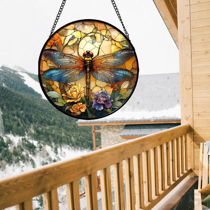 Stained Glass Window Hanging - Orange Blue Dragonfly Flower Suncatcher for Doors Window Home Sun