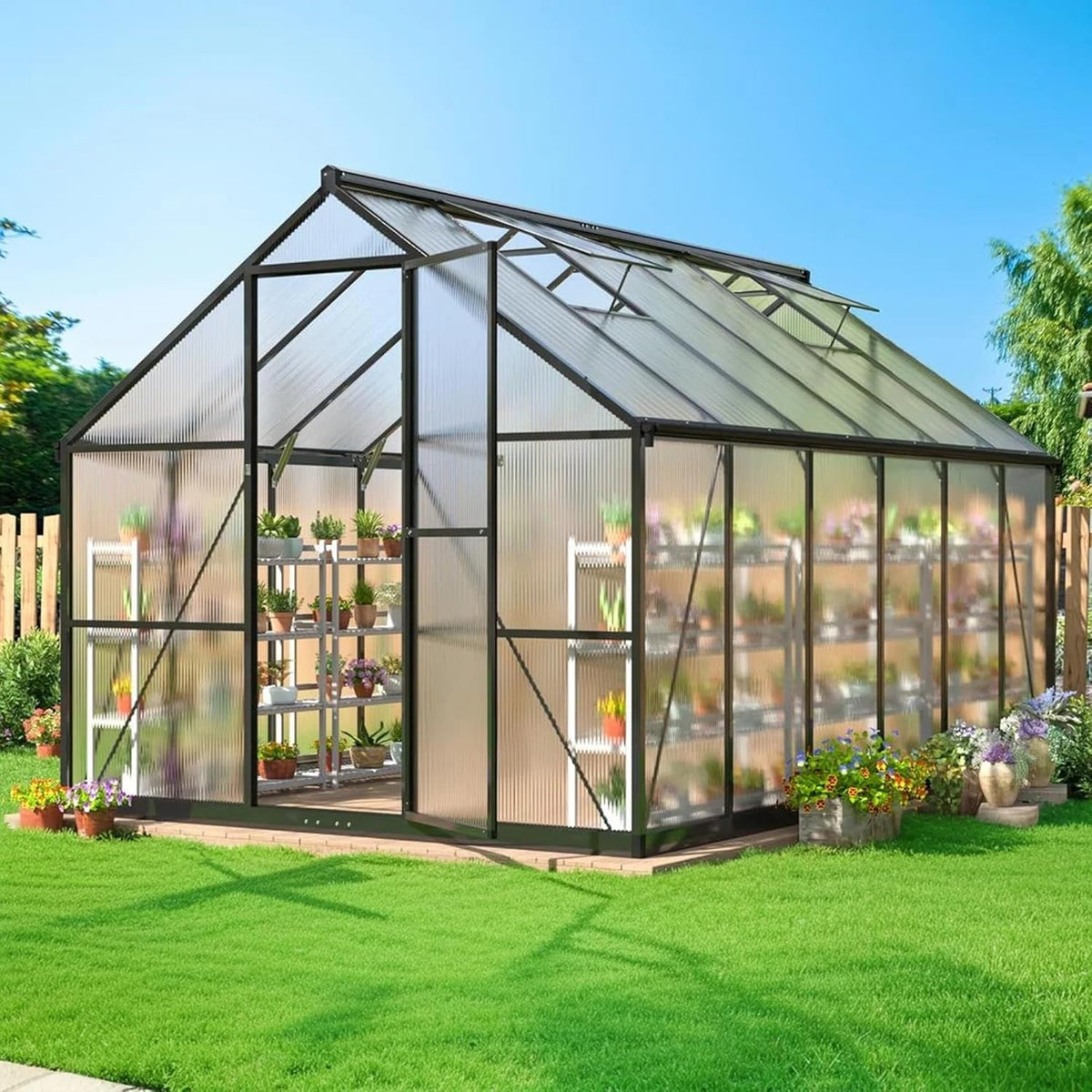 8×12 FT Greenhouse for Outdoors, Quick Setup Polycarbonate Greenhouse with Roof Vent, Walk in Green