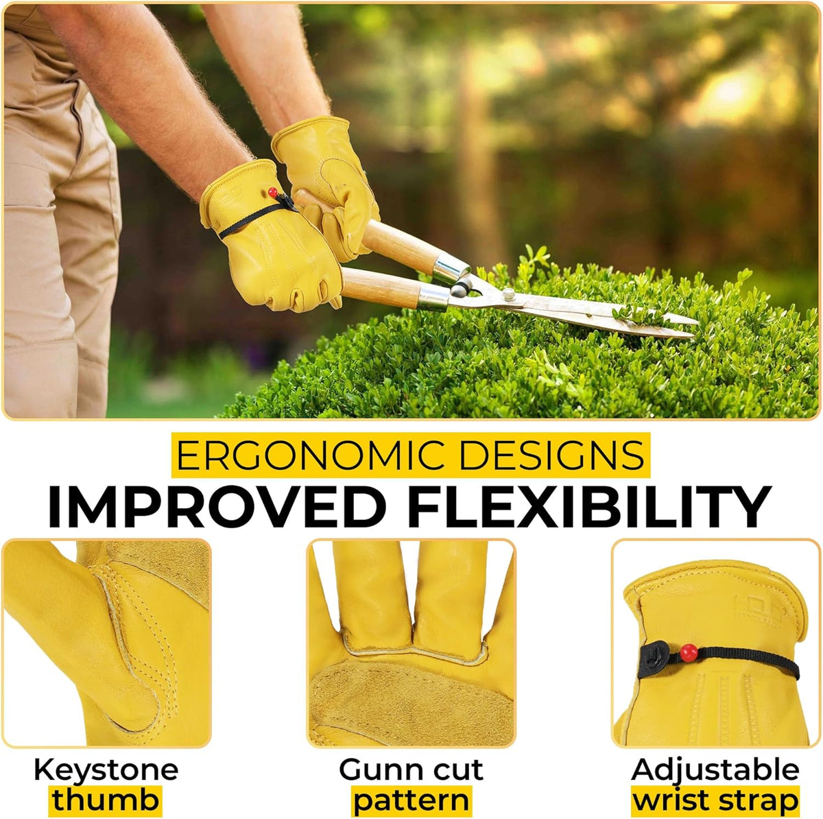 HANDLANDY Men Leather Gardening Gloves, Utility Work Gloves for Mechanics, Construction, Driver