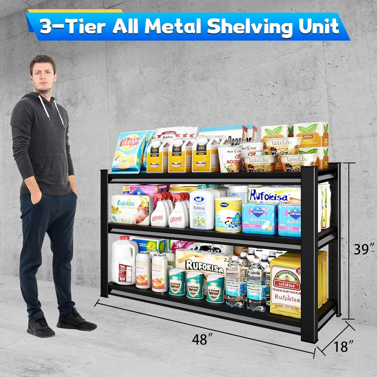 3-Tier Garage Shelving Heavy Duty，48" W Metal Shelving Unit for Garage, 1650 lbs Load Capacity