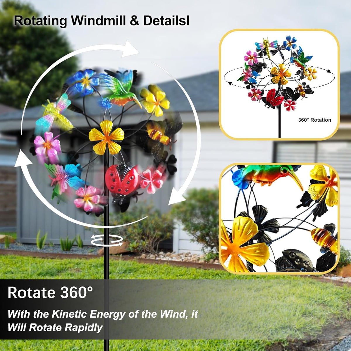 Flower Wind Spinners Outdoor, Metal Windmill with Hummingbirds, Butterflies and Bees, Pinwheels for