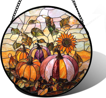 Stained Glass Window Hanging, Pumpkin Sunflower Suncatcher Diamond Glass Panel Sun Catchers Decor