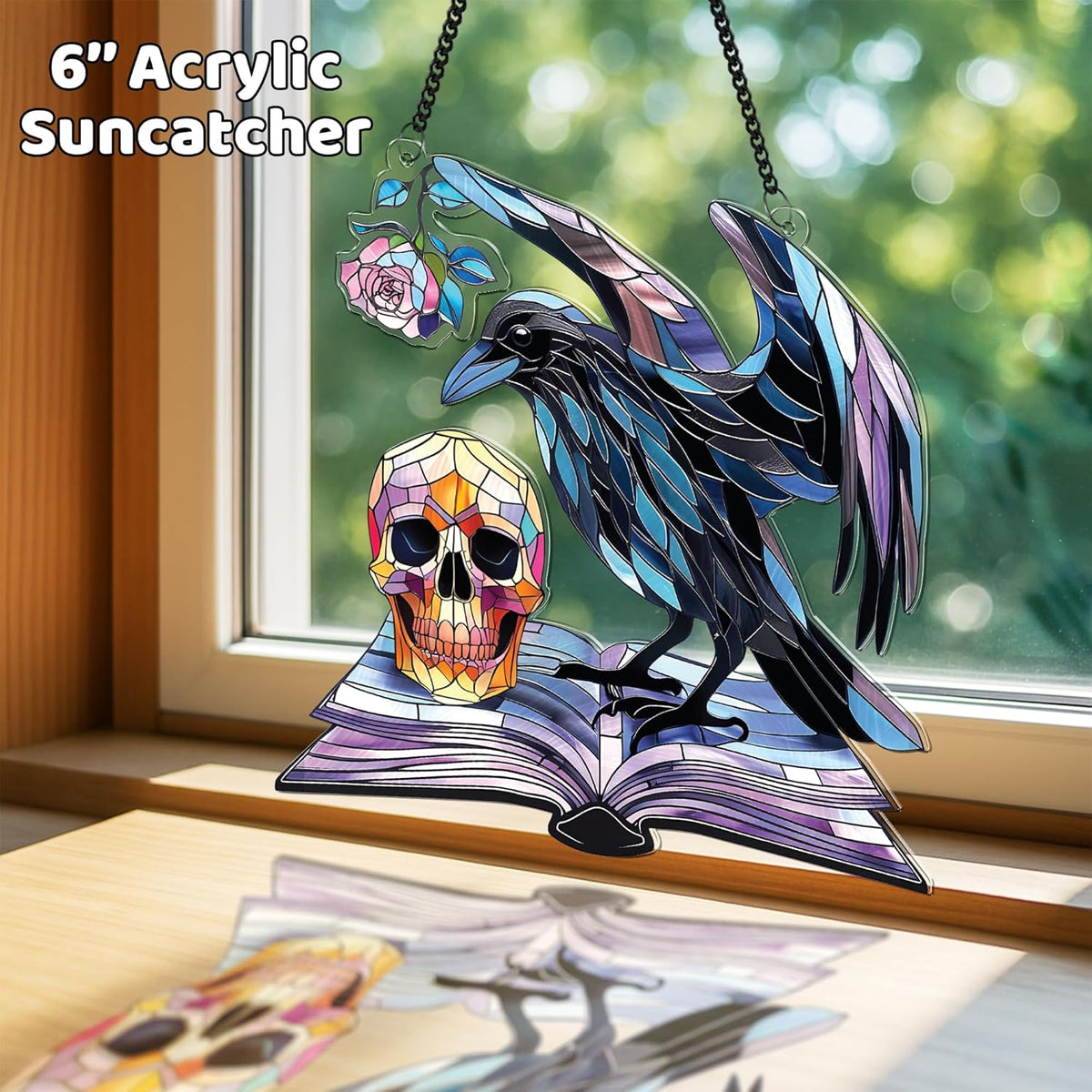 2 Halloween Decorations Bat Raven Acrylic Suncatchers, Window Hanging Bat Gothic Decor, Spooky