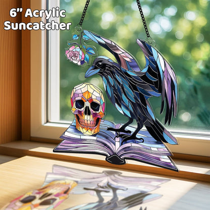 2 Halloween Decorations Bat Raven Acrylic Suncatchers, Window Hanging Bat Gothic Decor, Spooky