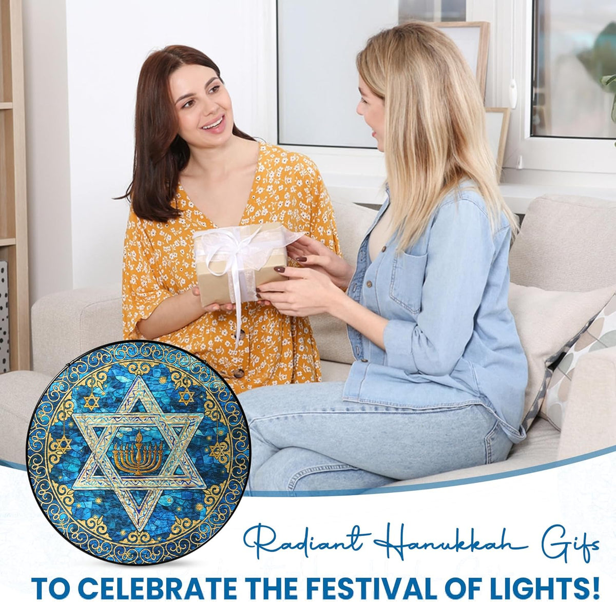 FLAGWIX Christmas Hanukkah Gifts for Women Men - Star of David Stained Glass Window Hanging 10 in