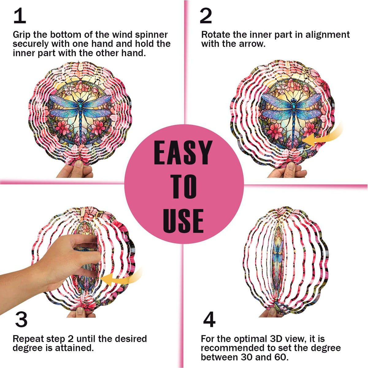 Dragonfly Wind Spinner, 3D Hanging Stainless Steel Garden Spinner, Wind Spinner Hanging for Outdoor