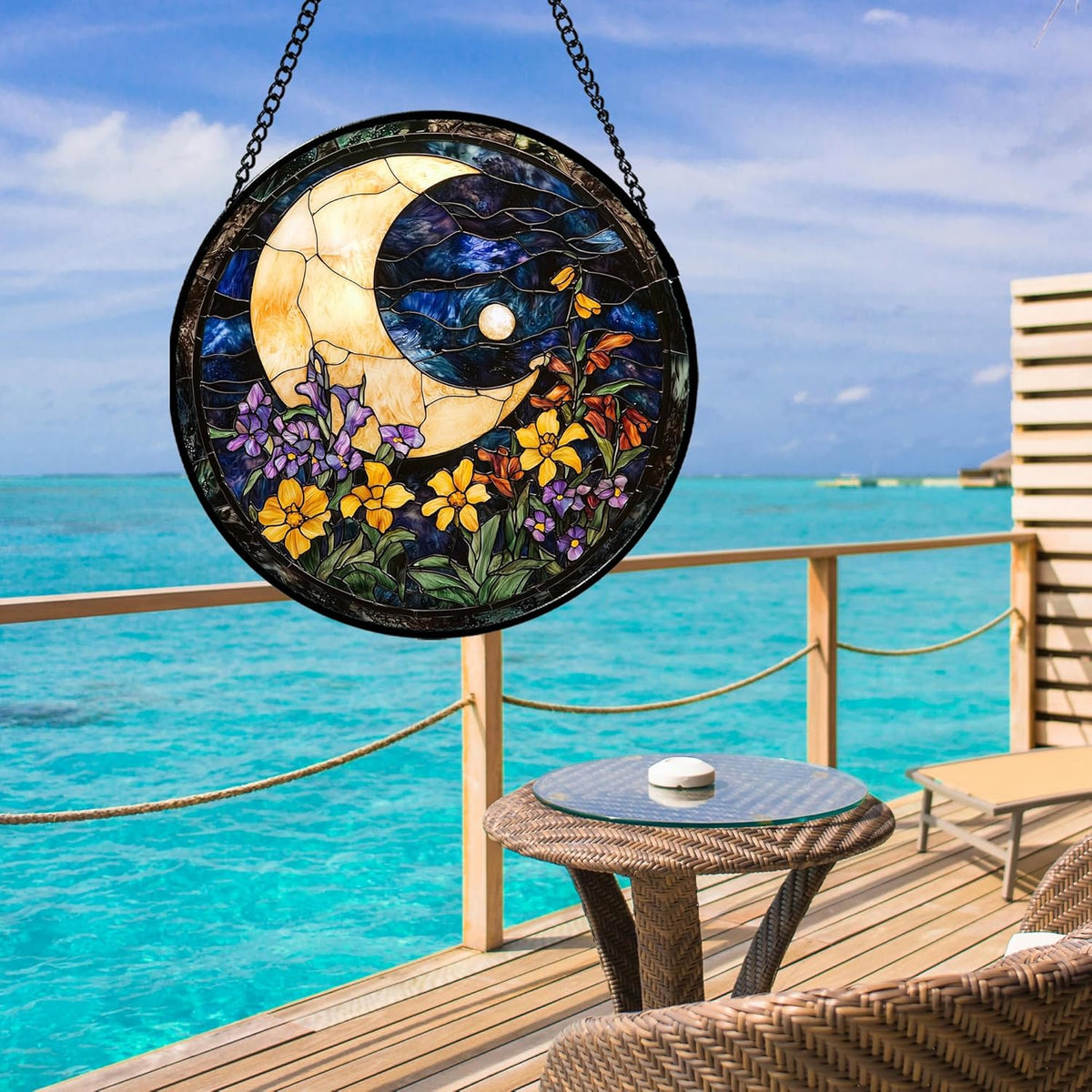 Stained Glass Window Hanging - Blue Night Sky Moon Suncatcher for Door Terrace Garden Home Decor