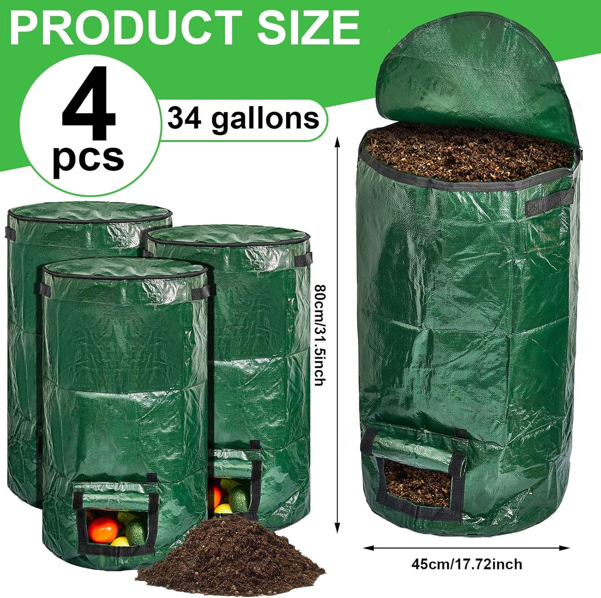 Ctosree 4 Pieces Compost Bin Bags Large 34 Gallon Reusable Yard Waste Lawn Bags Heavy Duty Garden