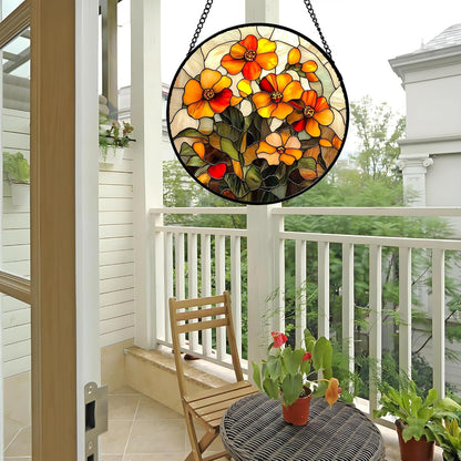 Stained Glass Window Hanging - Orange Marigolds Flowers Suncatcher for Door Garden Yard Sun