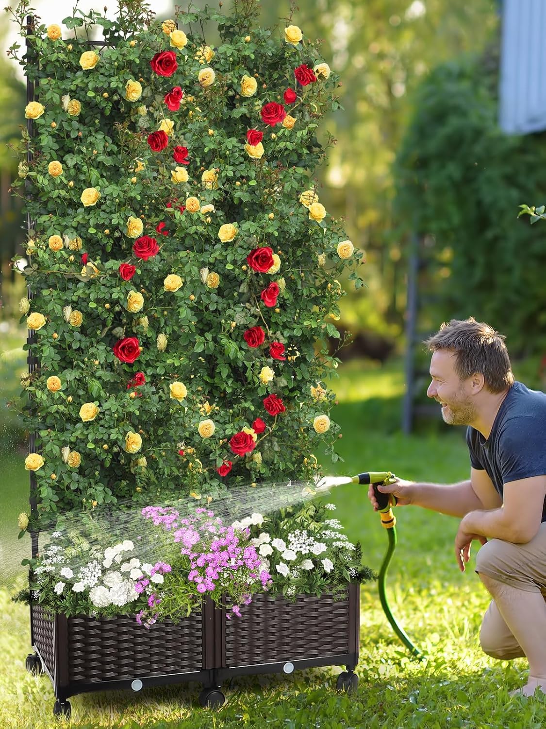 Kalolary 170CM Raised Garden Bed with Metal Trellis, Large Plastic Planter Box with Drainage Hole