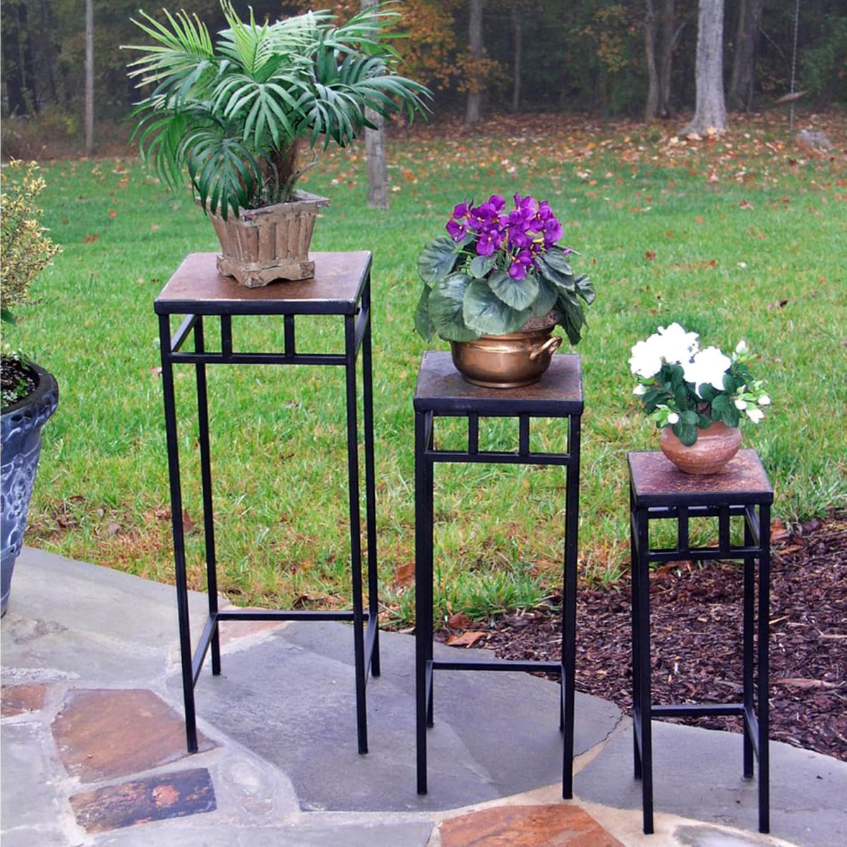 Zhongma Set of 3 Metal Plant Stand with Slate Top Square Flower Shelf without Installation Required
