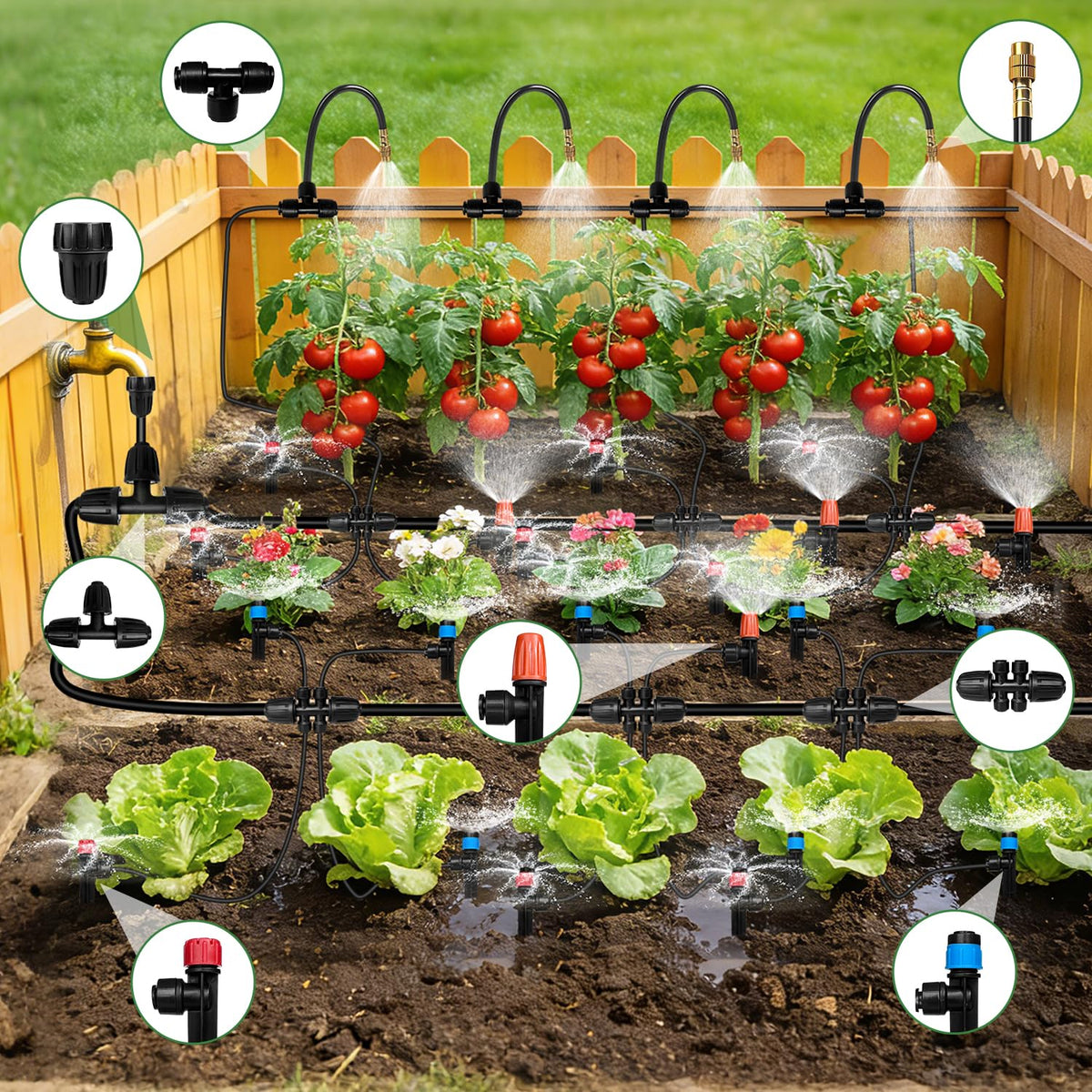 230FT Drip Irrigation System for Garden with 38pcs Adjustable Copper Nozzles & Emitters, Automatic